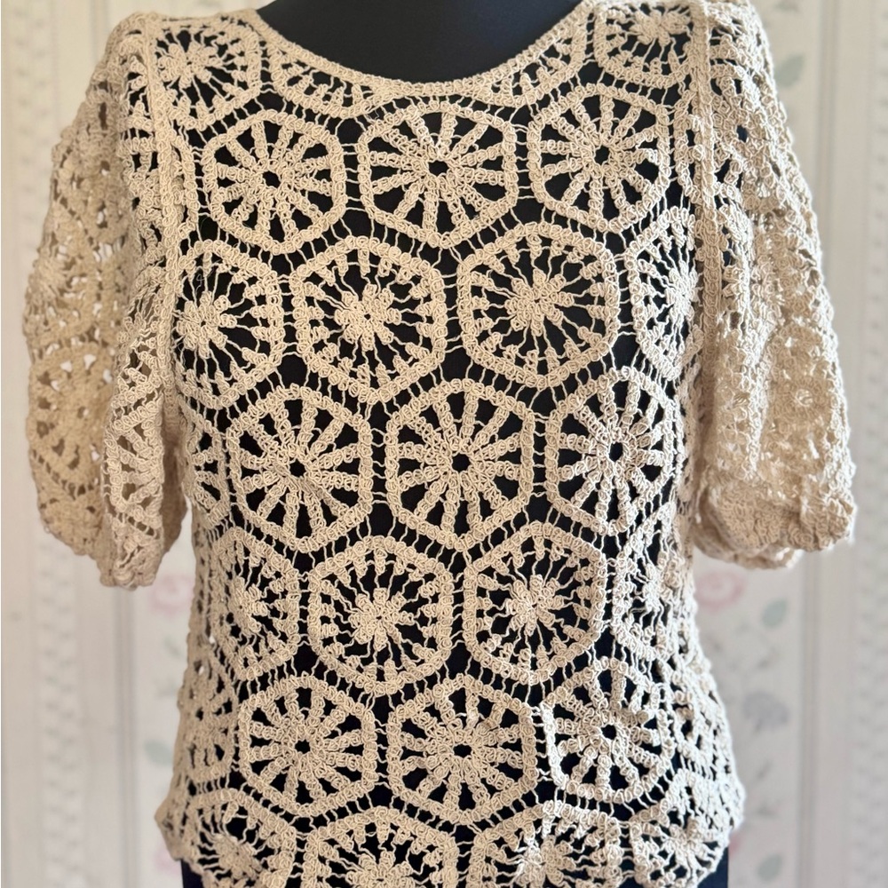 Woven Heart Crochet Lace Blouse - Cream